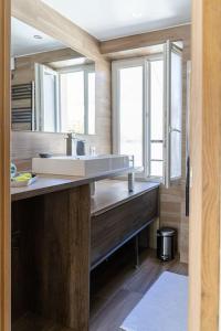 布西圣乔治Appartement proche DisneyLand et Paris的一间带水槽和大镜子的浴室