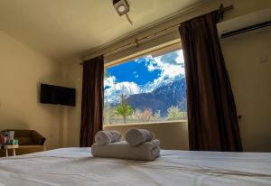 罕萨Dumani Nagar Hotel & Resort的一间卧室设有大窗户,床上配有毛巾