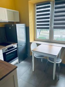 克拉科夫Friendly Apartment的厨房配有桌椅和冰箱。