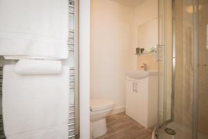 大雅茅斯Self containted 1 Bed modern apartment- Meters from Beach的白色的浴室设有卫生间和淋浴。