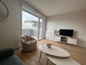 巴约讷Appartement bayonne ellaia的带沙发、桌子和电视的客厅