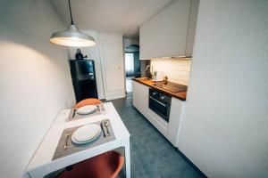 格拉鲁斯theNest Glarus Studio-Apartment的小厨房配有白色的柜台和炉灶。