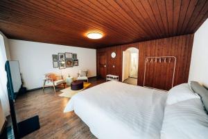 格拉鲁斯theNest Glarus Studio-Apartment的卧室设有白色的床和木制天花板。