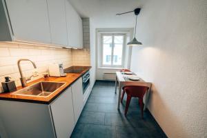 格拉鲁斯theNest Glarus Studio-Apartment的一个带水槽和桌子的小厨房