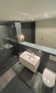 穆尔滕Hotel Jäger的一间带水槽、卫生间和镜子的浴室