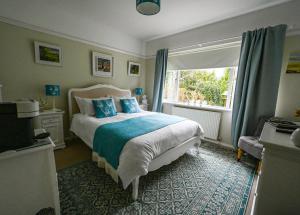 圣艾夫斯霍威尔旅舍的一间卧室配有一张带蓝色枕头的床和一扇窗户。