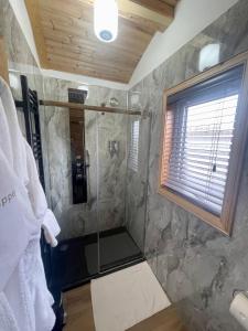 基斯高地2 Sinclair bay lodges的带淋浴的浴室和玻璃门