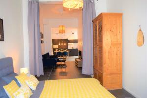 布鲁塞尔Home Sweet Home Brussels center的一间卧室设有一张床和一间客厅。