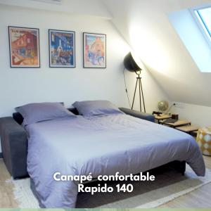 布尔日Tout simplement: confort !的一间卧室配有一张带蓝色床单的大床