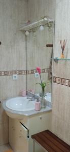贝尼卡洛Bonito bajo cerca del mar的浴室设有水槽和花瓶,花朵粉红色