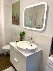 罗斯托克Helles Apartment über den Dächern Rostocks的白色的浴室设有水槽和镜子