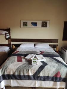 库尼亚Pousada Natureza e Arte的一间卧室配有一张床,上面有两条毛巾