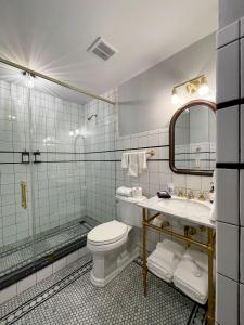 费城Guild House Hotel的一间带卫生间、水槽和镜子的浴室