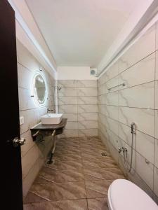 卡拉奇TULIP HOTELS AND APPARTMENTS的一间带水槽、卫生间和镜子的浴室