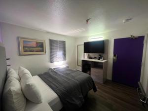 圣克鲁兹The Aqua Pacific Hotel的配有一张床和一台平面电视的酒店客房