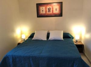 Vicq-sur-GartempeRive de gartempe的一间卧室配有一张带两盏灯的蓝色床。
