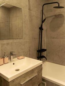 乌兰巴托Cozy two bedroom in heart of UB的浴室配有水槽、淋浴和浴缸。