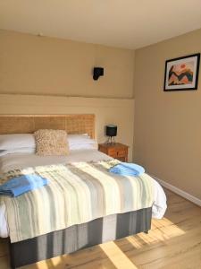 阿宾登Kingfisher Barn B&B的一间卧室配有带条纹毯子的床