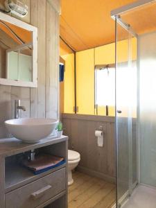 维亚雷焦Glamping tent with bathroom - Tuscany next to sea!的一间带水槽和玻璃淋浴的浴室
