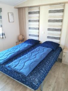 卡兰茨奥赫CS 71 - Vakantiepark Callassande的卧室内的两张床,配有蓝色枕头