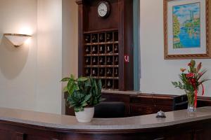 卡罗维发利Hotel Villa Lauretta的一间设有一张桌子的法院,墙上挂着一个钟