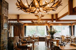 洛坎杰罗卡涅住宿酒店的餐厅设有木桌、椅子和吊灯。