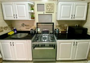 十月六日城Cozy Apartment (JANNA)的厨房配有炉灶、水槽和白色橱柜。