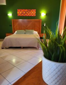 卡迪里翁西塞尔费德里科伊尔酒店的一间卧室配有一张床和盆栽植物