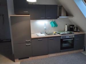 勒鲍Ferienwohnung und Apartment Löbau, Stadt- und messenah的厨房配有水槽和炉灶