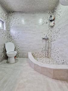 梅斯蒂亚Mishgu Qor的带淋浴、卫生间和浴缸的浴室