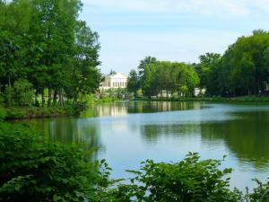弗尔黎祖La Villa de l'Etoile 10 personnes的一座有树木的湖泊和一座建筑