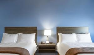 土桑My Place Hotel-Tucson South, AZ的蓝色墙壁的酒店客房内的两张床
