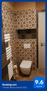 塞格德Blonde River Apartman Móra Szeged的一间带卫生间和瓷砖墙的浴室