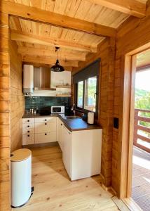 丰沙尔Mountain Eco Shelter 5的小屋内的厨房设有木墙和窗户