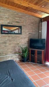 里奥塞瓦约斯Aires Verdes的一间带电视和砖墙的卧室