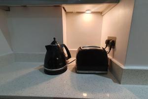 伦敦cosy apartment Alexandra palace Haringey, London的茶壶和烤面包机坐在柜台上