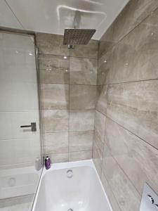 伦敦cosy apartment Alexandra palace Haringey, London的带淋浴和白色卫生间的浴室