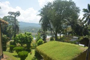 康提奥鲁托塔小屋旅馆的享有树木花园和河流的景色