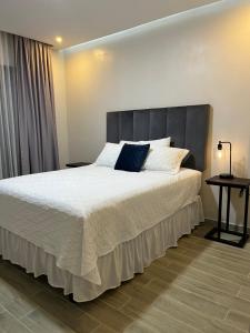 科马亚瓜Apartamentos Orquidea Dorada apt 101 & 104的一间卧室配有一张大床和灰色床头板
