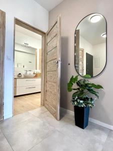 马佐夫舍地区新庄园Apartments Sleep & GO Modlin Airport的浴室设有镜子和盆栽植物