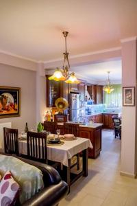 普雷韦扎Villa Archontia Family House!!!的厨房、带桌子的客厅和用餐室
