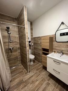 Saint-FonsSuperbe appartement à 15min de Lyon的带淋浴、盥洗盆和卫生间的浴室