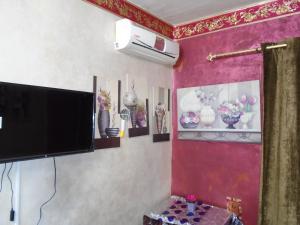 开罗City Hostel的客厅配有电视,墙上挂着鲜花