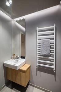 采西斯Apartment in Cēsis的一间带水槽和镜子的浴室