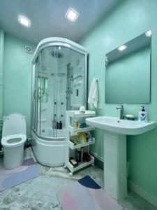 乌兰巴托Newly renovated rental unit with free parking的带淋浴、盥洗盆和卫生间的浴室
