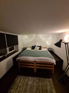 比勒费尔德Schickes Bielefeld Zentrum Appartement的一间卧室设有一张大床,天花板上灯火通明
