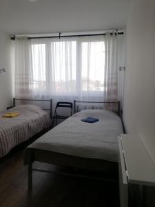 克莱佩达Bridge Apartments Klaipeda的一间卧室设有两张床,窗户配有窗帘