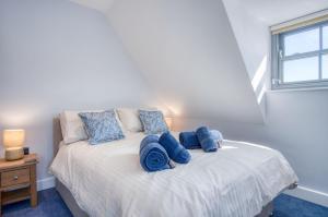 桑德斯富特Ocean Cabins No 13 At The Square - Saundersfoot的一间卧室配有一张带蓝色枕头的床和一扇窗户。