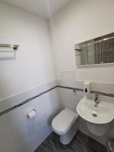 莫克姆The Kerswell Hotel的白色的浴室设有卫生间和水槽。