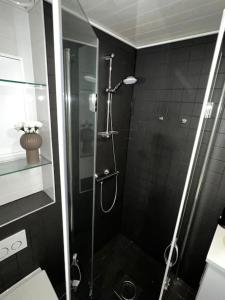 万塔Cozy Penthouse Loft - Near The Airport的浴室里设有玻璃门淋浴
